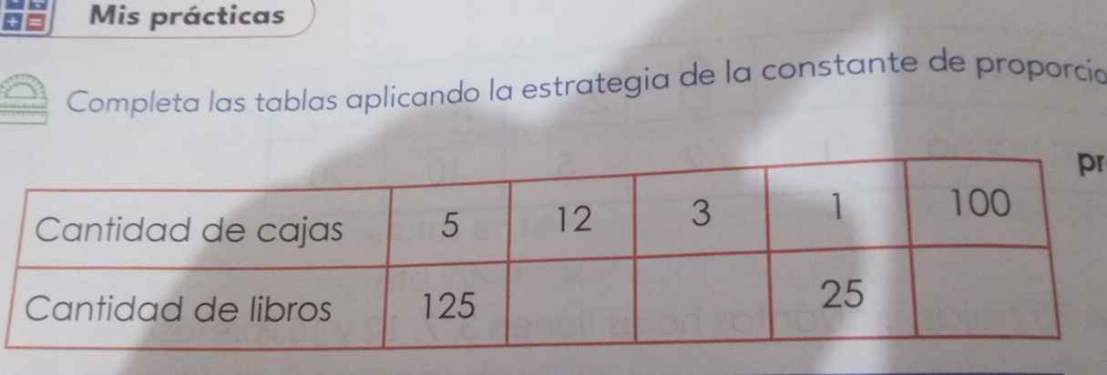 Mis prácticas 
Completa las tablas aplicando la estrategia de la constante de proporcia 
r