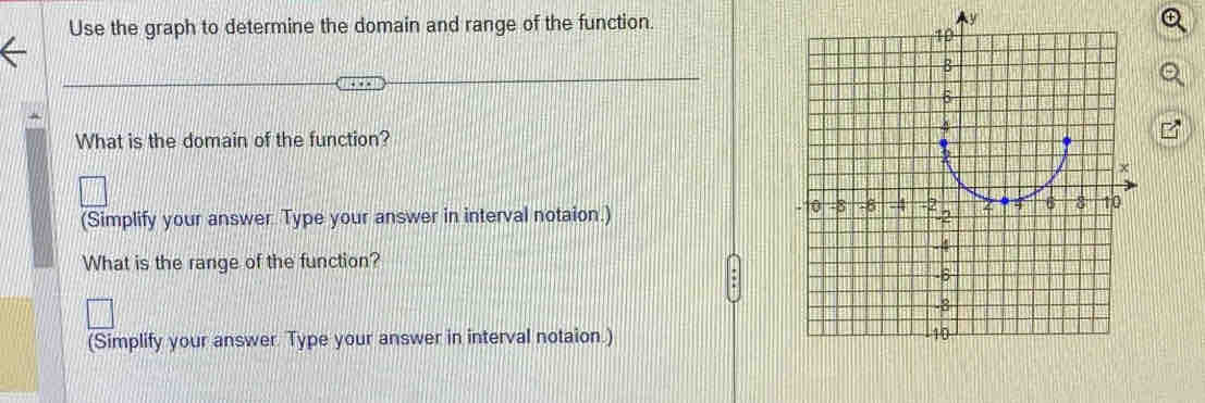 Use the graph to determine the domain and range of the function. 
Ay 
What is the domain of the function? 
(Simplify your answer. Type your answer in interval notaion.) 
What is the range of the function? 
(Simplify your answer Type your answer in interval notaion.)