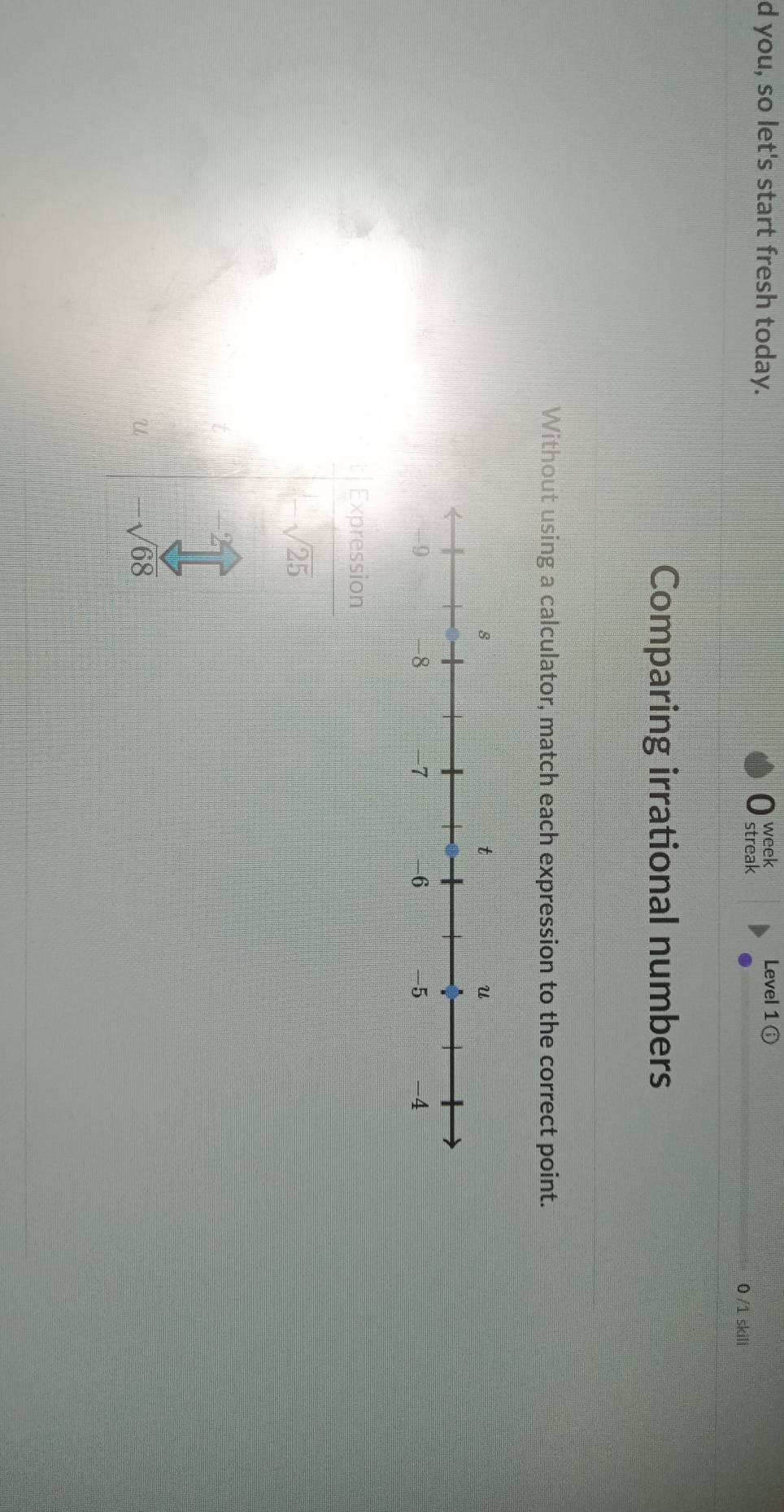 Level 1 
d you, so let's start fresh today. streak week 0 /1 skill 
Comparing irrational numbers 
Without using a calculator, match each expression to the correct point. 
Expression
sqrt(25)
e -sqrt(68)