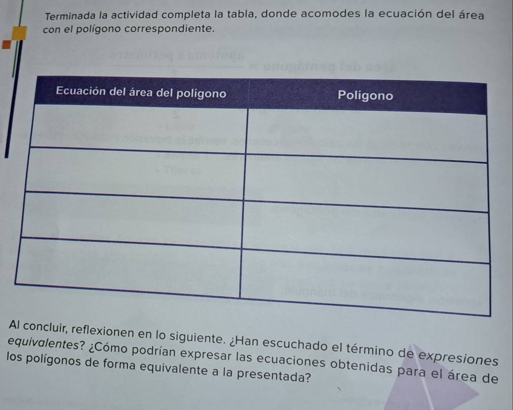 Terminada la actividad completa la tabla, donde acomodes la ecuación del área 
con el polígono correspondiente. 
Aoncluir, reflexionen en lo siguiente. ¿Han escuchado el término de expresiones 
equivalentes? ¿Cómo podrían expresar las ecuaciones obtenidas para el área de 
los polígonos de forma equivalente a la presentada?