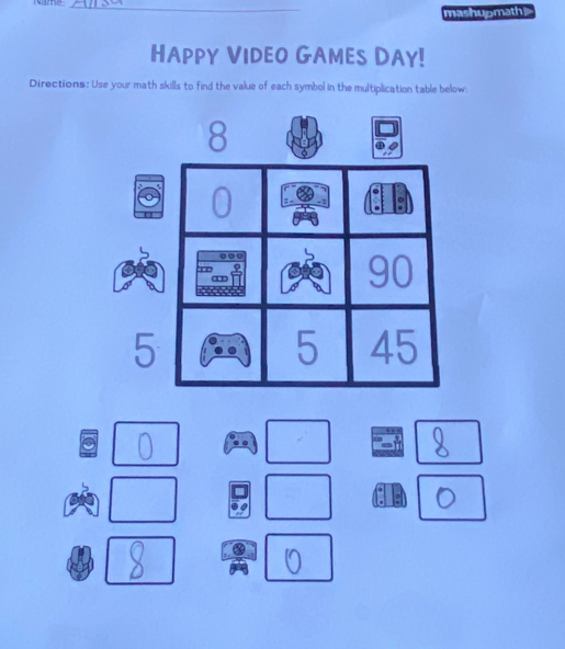 Name_ 
mashupmath 
HAPPY VIDEO GAMES DAY! 
Directions: Use your math skills to find the value of each symbol in the multiplication table below: 
a