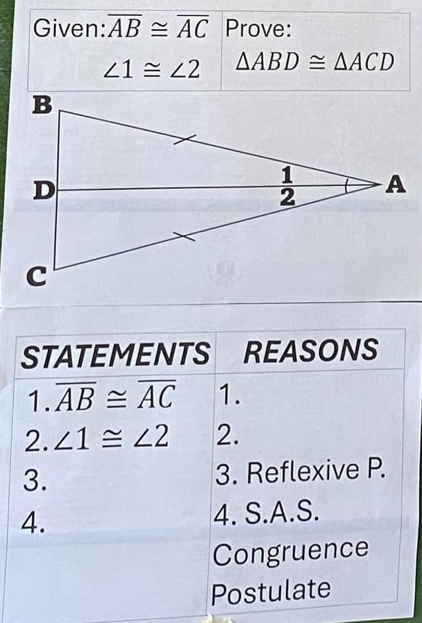 Given: overline AB≌ overline AC Prove:
∠ 1≌ ∠ 2 △ ABD≌ △ ACD
STATEMENTS REASONS
1. overline AB≌ overline AC 1.
2. ∠ 1≌ ∠ 2 2.
3. 3. Reflexive P.
4. 4. S.A.S.
Congruence
Postulate