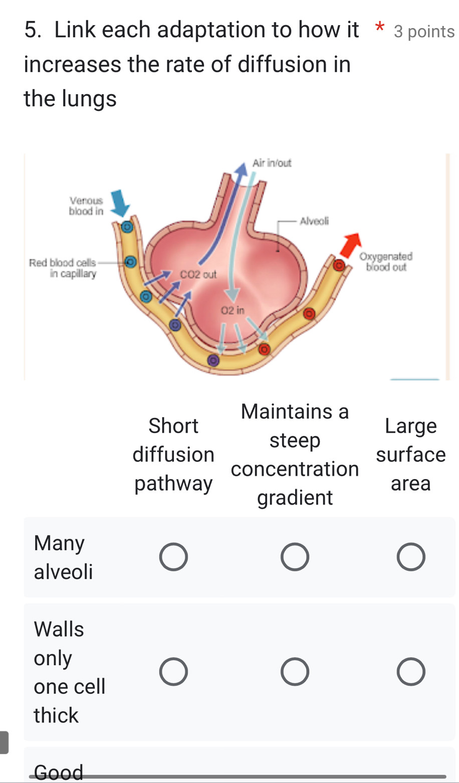 Link each adaptation to how it * 3 points
increases the rate of diffusion in
the lungs
Maintains a
Short Large
steep
diffusion surface
concentration
pathway area
gradient
Many
alveoli
Walls
only
one cell
thick
Good