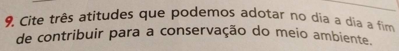 Cite três atitudes que podemos adotar no dia a dia a fim 
de contribuir para a conservação do meio ambiente.