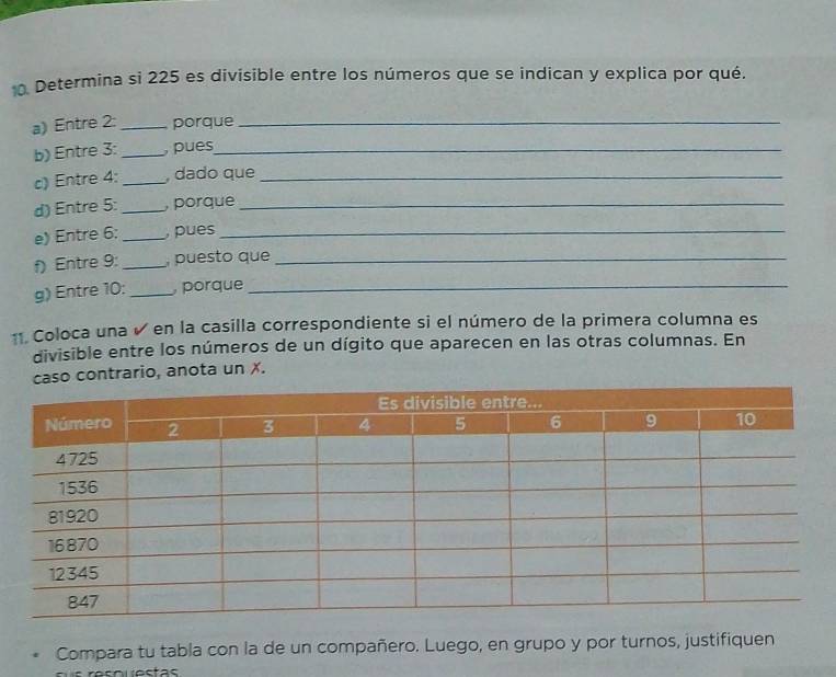 Determina si 225 es divisible entre los números que se indican y explica por qué. 
a) Entre 2 : _porque_ 
b) Entre 3 :_ , pues_ 
c) Entre 4 : _, dado que_ 
d) Entre 5 : _, porque_ 
e) Entre 6 :_ , pues_ 
f) Entre 9 :_ , puesto que_ 
g) Entre 10 : _ porque_ 
11. Coloca una ✔ en la casilla correspondiente si el número de la primera columna es 
divisible entre los números de un dígito que aparecen en las otras columnas. En 
caso contrario, anota un x. 
Compara tu tabla con la de un compañero. Luego, en grupo y por turnos, justifiquen