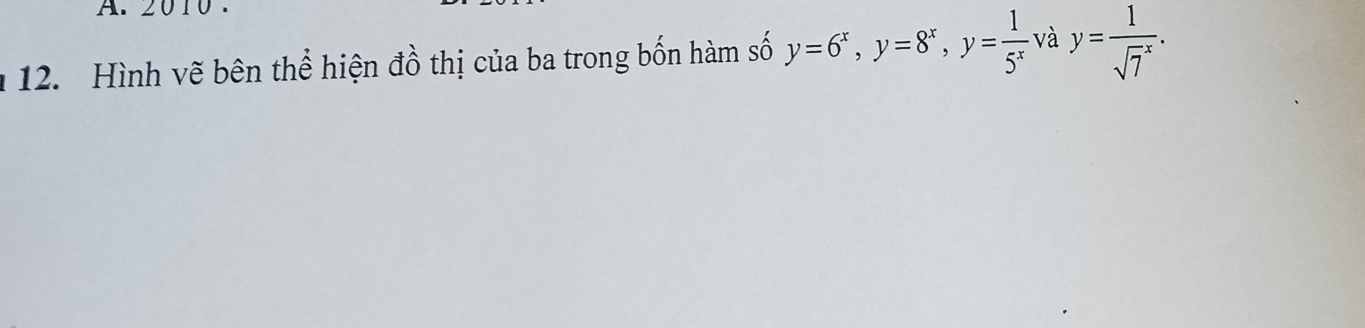 Hình vẽ bên thể hiện đồ thị của ba trong bốn hàm số y=6^x, y=8^x, y= 1/5^x  và y=frac 1(sqrt(7)^x).