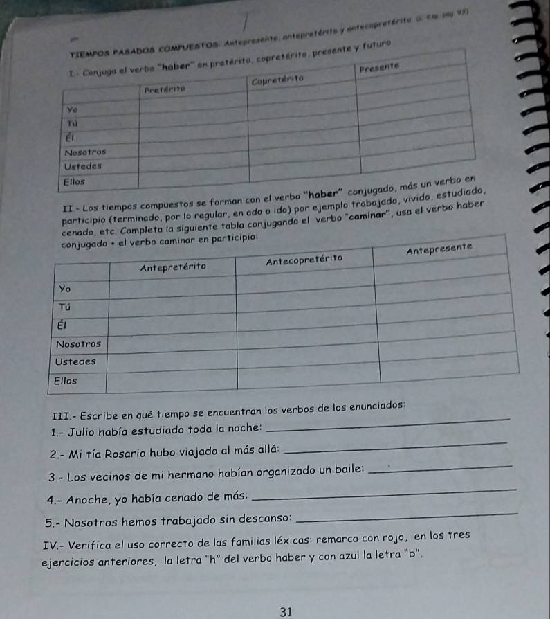 Antepresente, antepretérito y antecopretérito 3. Es p99 97 
ro 
II- Los tiempos compuestos se forman con el 
participio (terminado, por lo regular, en ado o ido) por ejemplo trabajado, viv 
ado, etc. Completa la siguiente tabla conjugando el verbo "caminar", usa el verbo haber 
III.- Escribe en qué tiempo se encuentran los verbos de los enunciados: 
1.- Julio había estudiado toda la noche: 
_ 
2.- Mi tía Rosario hubo viajado al más allá: 
_ 
3.- Los vecinos de mi hermano habían organizado un baile: 
_ 
_ 
4.- Anoche, yo había cenado de más: 
_ 
5.- Nosotros hemos trabajado sin descanso: 
IV.- Verifica el uso correcto de las familias léxicas: remarca con rojo, en los tres 
ejercicios anteriores, la letra “h” del verbo haber y con azul la letra “ b ”. 
31