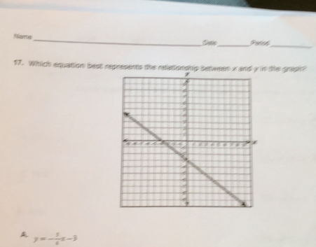 Rúeees_ Sats_
_
17. Which equation best represents the reationship between a ann the graph?
A y=- 3/4 x-3