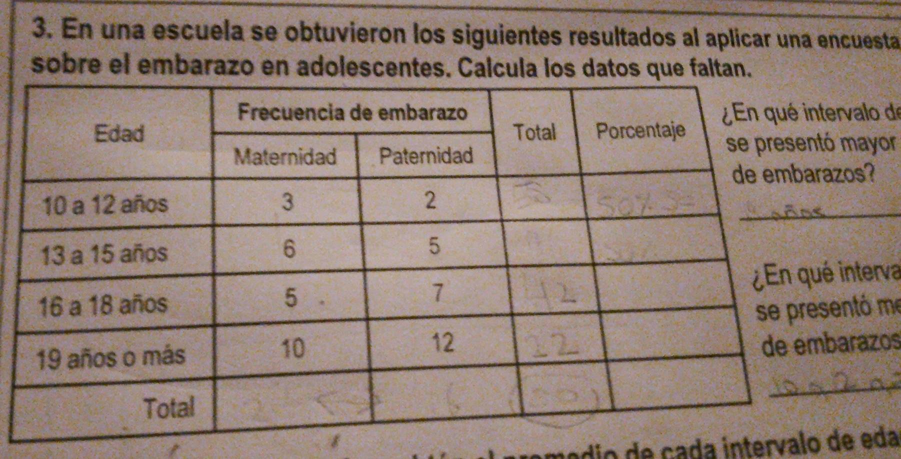 En una escuela se obtuvieron los siguientes resultados al aplicar una encuesta 
sobre el embarazo en adolescentes. Calcula los datos que faltan. 
valo de 
mayor 
os? 
nterva 
ntó me 
razos 
adio de çada intervalo de eda