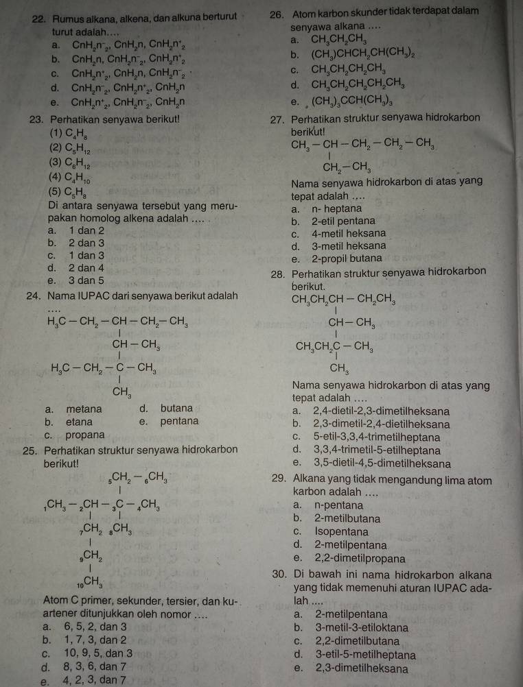 Rumus alkana, alkena, dan alkuna berturut 26. Atom karbon skunder tidak terdapat dalam
turut adalah.... senyawa alkana ....
a. CnH_2n^-_2,CnH_2n,CnH_2n^+,
a. CH_3CH_2CH_3
b. CnH_2n,CnH_2n^-_2,CnH_2n^+_2
b. (CH_3)CHCH_2CH(CH_3)_2
C. CnH_2n^+_2,CnH_2n,CnH_2n^-_2
C. CH_3CH_2CH_2CH_3
d. CnH_2n^-_2,CnH_2n^+_2,CnH_2n
d. CH_3CH_2CH_2CH_2CH_3
e. CnH_2n^+_2,CnH_2n^-_2,CnH_2n e. (CH_3)_3CCH(CH_3)_3
23. Perhatikan senyawa berikut! 27. Perhatikan struktur senyawa hidrokarbon
(1) C_4H_8
berikut!
(2) C_5H_12
CH_3-CH-CH_2-CH_2-CH_3
(3) C_6H_12
CH_2-CH_3
(4) C_4H_10
Nama senyawa hidrokarbon di atas yang
(5) C_5H_8 tepat adalah ....
Di antara senyawa tersebut yang meru- a. n- heptana
pakan homolog alkena adalah .... . b. 2-etil pentana
a. 1 dan 2
c. 4-metil heksana
b. 2 dan 3 d. 3-metil heksana
c. 1 dan 3
d. 2 dan 4 e. 2-propil butana
e. 3 dan 5 28. Perhatikan struktur senyawa hidrokarbon
berikut.
24. Nama IUPAC dari senyawa berikut adalah CH_3CH_2CH-CH_2CH_3
beginarrayr h,c-(a_1-c)a_1-ca_1-ca_1, cd_1-ca_1, bc-ca_1,c-ca_1, d_2=ca_1 d_1,endarray.
CH-CH_3
|
CH_3CH_2C-CH_3
CH_3
Nama senyawa hidrokarbon di atas yang
tepat adalah ..
a. metana d. butana a. 2,4-dietil-2,3-dimetilheksana
b. etana e. pentana b. 2,3-dimetil-2,4-dietilheksana
c. propana c. 5-etil-3,3,4-trimetilheptana
25. Perhatikan struktur senyawa hidrokarbon d. 3,3,4-trimetil-5-etilheptana
berikut! e. 3,5-dietil-4,5-dimetilheksana
CH_3-_2CH-_3CH_2-_6CH_3
29. Alkana yang tidak mengandung lima atom
karbon adalah ....
a. n-pentana
b. 2-metilbutana
_7CH_2_8CH_3
c. Isopentana
d. 2-metilpentana
beginarrayr _9CH_2 Iendarray
e. 2,2-dimetilpropana
30. Di bawah ini nama hidrokarbon alkana
_10CH_3
yang tidak memenuhi aturan IUPAC ada-
Atom C primer, sekunder, tersier, dan ku- lah ....
artener ditunjukkan oleh nomor .... a. 2-metilpentana
a. 6, 5, 2, dan 3 b. 3-metil-3-etiloktana
b. 1, 7, 3, dan 2 c. 2,2-dimetilbutana
c. 10, 9, 5, dan 3 d. 3-etil-5-metilheptana
d. 8, 3, 6, dan 7 e. 2,3-dimetilheksana
e. 4, 2, 3, dan 7