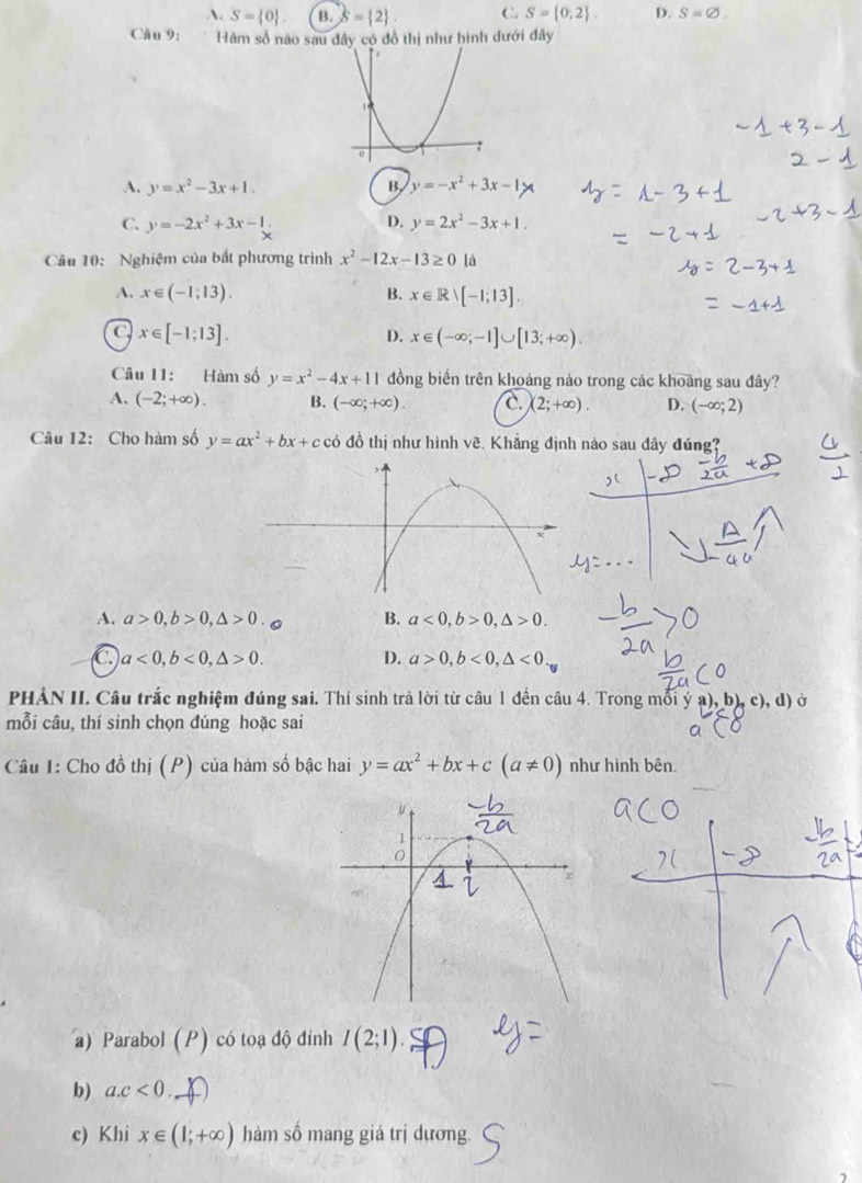 A. S= 0 . B. s= 2 . C. S= 0,2 . D. S=varnothing .
Câu 9: Hàm số nào sau đây có đồ thị như hình dưới đây
A. y=x^2-3x+1. B, y=-x^2+3x-1>
D.
C. y=-2x^2+3x-1 y=2x^2-3x+1.
Câu 10: Nghiệm của bất phương trình x^2-12x-13≥ 0 là
A. x∈ (-1;13). B. x∈ R|[-1;13].
C x∈ [-1;13].
D. x∈ (-∈fty ;-1]∪ [13;+∈fty ).
Câu 11: Hàm số y=x^2-4x+11 đồng biển trên khoảng nào trong các khoāng sau đây?
A. (-2;+∈fty ). B. (-∈fty ;+∈fty ). C. (2;+∈fty ). D. (-∈fty ;2)
Câu 12: Cho hàm số y=ax^2+bx+c có đồ thị như hình vẽ. Khẳng định nào sau dây đúng?
A. a>0,b>0,△ >0. B. a<0,b>0,△ >0.
C a<0,b<0,△ >0.
D. a>0,b<0,△ <0</tex>
PHẢN II. Câu trắc nghiệm đúng sai. Thí sinh trả lời từ câu 1 đến câu 4. Trong mối ý a), b) c), d) ở
mỗi câu, thí sinh chọn đúng hoặc sai
Câu 1: Cho đồ thị (P) của hàm số bậc hai y=ax^2+bx+c(a!= 0) như hình bên.
a) Parabol (P) có toạ độ đỉnh I(2;1)
b) a.c<0</tex>
c) Khi x∈ (1;+∈fty ) hàm số mang giá trị dương.