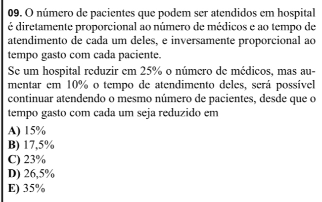 número de pacientes que podem ser atendidos em hospital
é diretamente proporcional ao número de médicos e ao tempo de
atendimento de cada um deles, e inversamente proporcional ao
tempo gasto com cada paciente.
Se um hospital reduzir em 25% o número de médicos, mas au-
mentar em 10% o tempo de atendimento deles, será possível
continuar atendendo o mesmo número de pacientes, desde que o
tempo gasto com cada um seja reduzido em
A) 15%
B) 17,5%
C) 23%
D) 26,5%
E) 35%