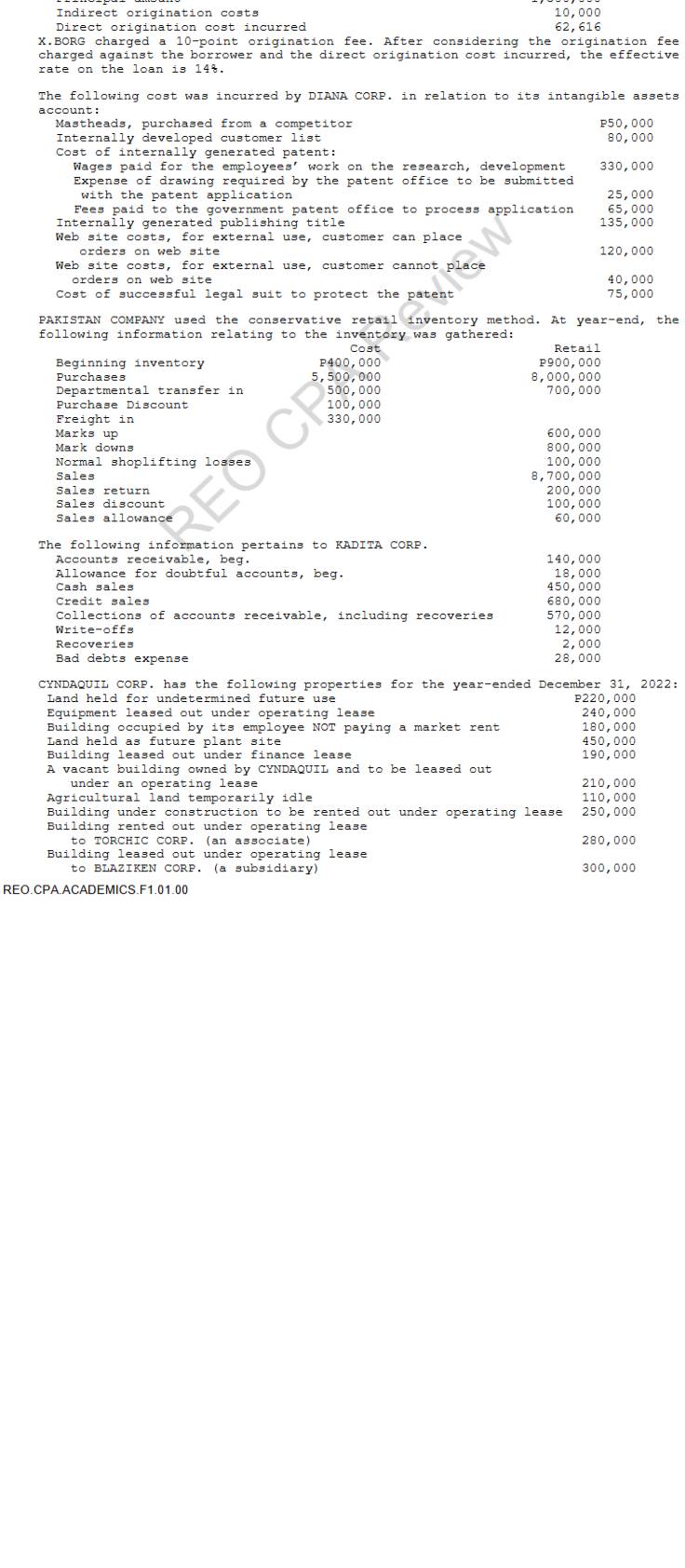 Indirect origination costs 10,000
Direct origination cost incurred 62, 616
X.BORG charged a 10-point origination fee. After considering the origination fee
charged against the borrower and the direct origination cost incurred, the effective
rate on the loan is 14%.
The following cost was incurred by DIANA CORP. in relation to its intangible assets
account:
Mastheads, purchased from a competitor P50,000 80,000
Internally developed customer list
Cost of internally generated patent:
Wages paid for the employees' work on the research, development 330,000
Expense of drawing required by the patent office to be submitted
with the patent application 25,000
Fees paid to the government patent office to process application 65,000
Internally generated publishing title 135,000
Web site costs, for external use, customer can place
orders on web site 120,000
Web site costs, for external use, customer cannot place
orders on web site
Cost of successful legal suit to protect the patent 75,000 40,000
PAKISTAN COMPANY used the conservative retail inventory method. At year-end, the
following information relating to the inventory was gathered:
Retail
Beginning inventory P400,000 P900,000
Purchases 5,500,000
*. 98: 383
Departmental transfer in 500,000
Purchase Discount 100,000
Freight in 330,000
Marks up 600,000
Mark downs 800,000
Normal shoplifting losses 100,000
Sales 8,700,000
Sales return 200,000
Sales discount
100,000
60,000
The following information pertains to KADITA CORP.
Accounts receivable, beg. 140,000
Allowance for doubtful accounts, beg.
Cash sales 438;888
Credit sales 680,000
Collections of accounts receivable, including recoveries 570,000
Write-offs 12,000
Recoveries 2,000
Bad debts expense 28,000
CYNDAQUIL CORP. has the following properties for the year-ended December 31, 2022:
Land held for undetermined future use P220,000
Equipment leased out under operating lease 240,000
Building occupied by its employee NOT paying a market rent 180,000
Land held as future plant site 450,000
Building leased out under finance lease 190,000
A vacant building owned by CYNDAQUIL and to be leased out
under an operating lease
Agricultural land temporarily idle 210,000 110,000
Building under construction to be rented out under operating lease 250,000
Building rented out under operating lease
to TORCHIC CORP. (an associate) 280,000
Building leased out under operating lease
to BLAZIKEN CORP. (a subsidiary) 300,000
REO.CPA.ACADEMICS.F1.01.00