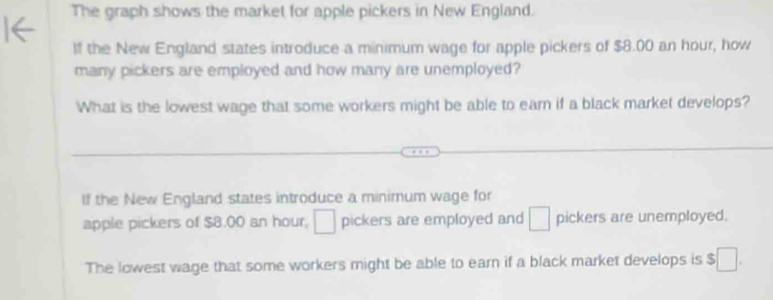 The graph shows the market for apple pickers in New England.
If the New England states introduce a minimum wage for apple pickers of $8.00 an hour, how
many pickers are employed and how many are unemployed?
What is the lowest wage that some workers might be able to earn if a black market develops?
lf the New England states introduce a minimum wage for
apple pickers of $8.00 an hour, □ pickers are employed and □ pickers are unemployed.
The lowest wage that some workers might be able to earn if a black market develops is $□.