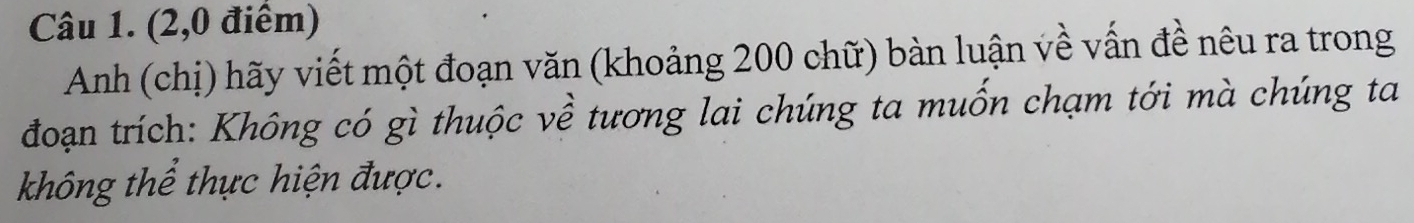 (2,0 điểm) 
Anh (chị) hãy viết một đoạn văn (khoảng 200 chữ) bàn luận về vấn đề nêu ra trong 
đoạn trích: Không có gì thuộc về tương lai chúng ta muốn chạm tới mà chúng ta 
không thể thực hiện được.