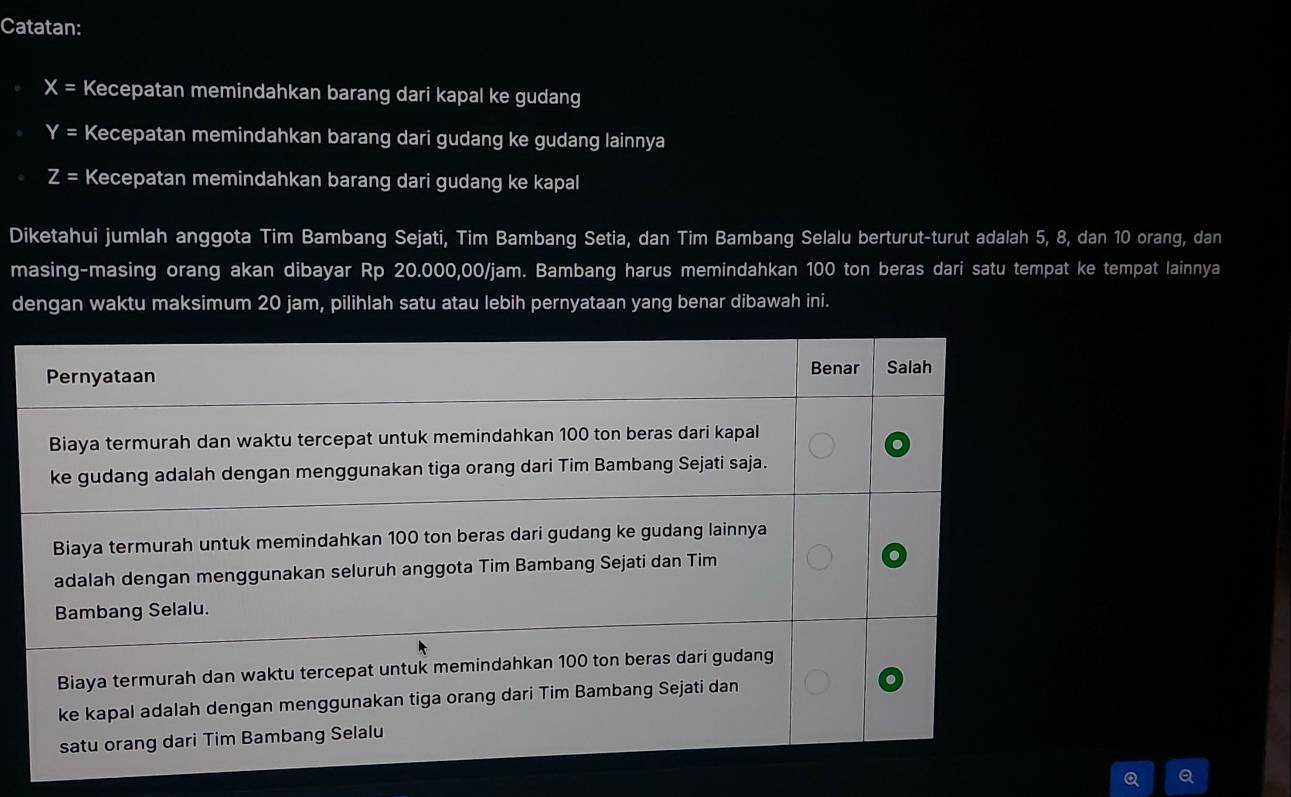 Catatan:
X= Kecepatan memindahkan barang dari kapal ke gudang
Y= Kecepatan memindahkan barang dari gudang ke gudang lainnya
z= Kecepatan memindahkan barang dari gudang ke kapal 
Diketahui jumlah anggota Tim Bambang Sejati, Tim Bambang Setia, dan Tim Bambang Selalu berturut-turut adalah 5, 8, dan 10 orang, dan 
masing-masing orang akan dibayar Rp 20.000,00/jam. Bambang harus memindahkan 100 ton beras dari satu tempat ke tempat lainnya 
dengan waktu maksimum 20 jam, pilihlah satu atau lebih pernyataan yang benar dibawah ini.