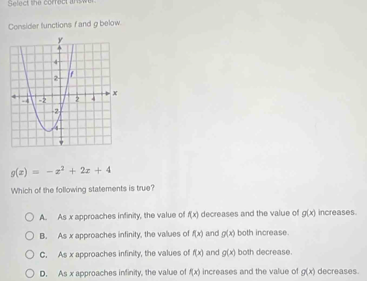 Select the correct answer
Consider functions fand g below.
g(x)=-x^2+2x+4
Which of the following statements is true?
A. As x approaches infinity, the value of f(x) decreases and the value of g(x) increases.
B. As x approaches infinity, the values of f(x) and g(x) both increase.
C. As x approaches infinity, the values of f(x) and g(x) both decrease.
D. As x approaches infinity, the value of f(x) increases and the value of g(x) decreases.