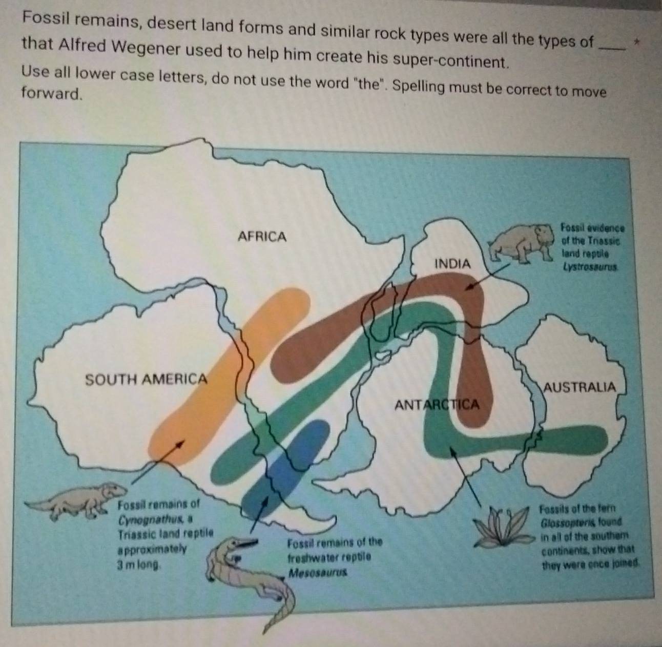 Fossil remains, desert land forms and similar rock types were all the types of _* 
that Alfred Wegener used to help him create his super-continent. 
Use all lower case letters, do not use the word "the". Spelling must be correct to move 
forward. 
d.