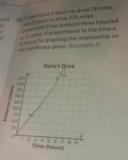 TE 
_ 
park 12. it took Hana 2 hours to drive 75 miles, 
e and 5 hours to drive 225 miles. 
η Determine if the distance Hana traveled 
of y, in miles, is proportional to the time x, 
in hours, by graphing the relationship on 
the coordinate plane. (Example 3) 
: