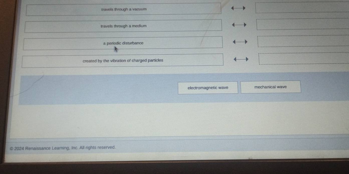 travels through a vacuum
travels through a medium
a periodic disturbance
created by the vibration of charged particles
electromagnetic wave mechanical wave
2024 Renaissance Learning, Inc. All rights reserved.