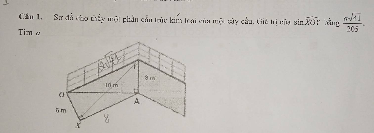 Sơ đồ cho thấy một phần cấu trúc kim loại của một cây cầu. Giá trị của sin widehat XOY bǎng  asqrt(41)/205 . 
Tìm a