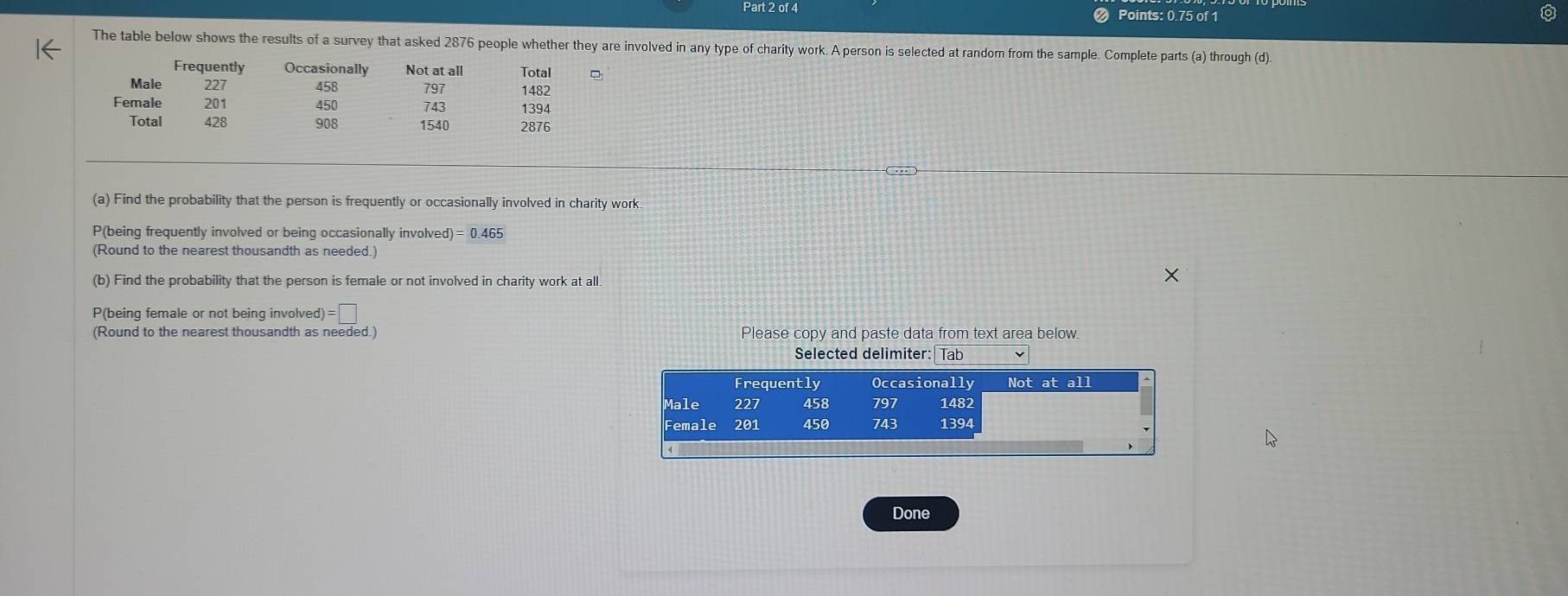 Points: 0.75 of 1 
The table below shows the results of a survey that asked 2876 people whether they are involved in any type of charity work. A person is selected at random from the sample. Complete parts (a) through (d). 
(a) Find the probability that the person is frequently or occasionally involved in charity work 
P(being frequently involved or being occasionally involved) = 0.465
(Round to the nearest thousandth as needed.) 
(b) Find the probability that the person is female or not involved in charity work at all 
P(being female or not being involved =□
(Round to the nearest thousandth as needed.) Please copy and paste data from text area below. 
Selected delimiter: Tab v 
Done