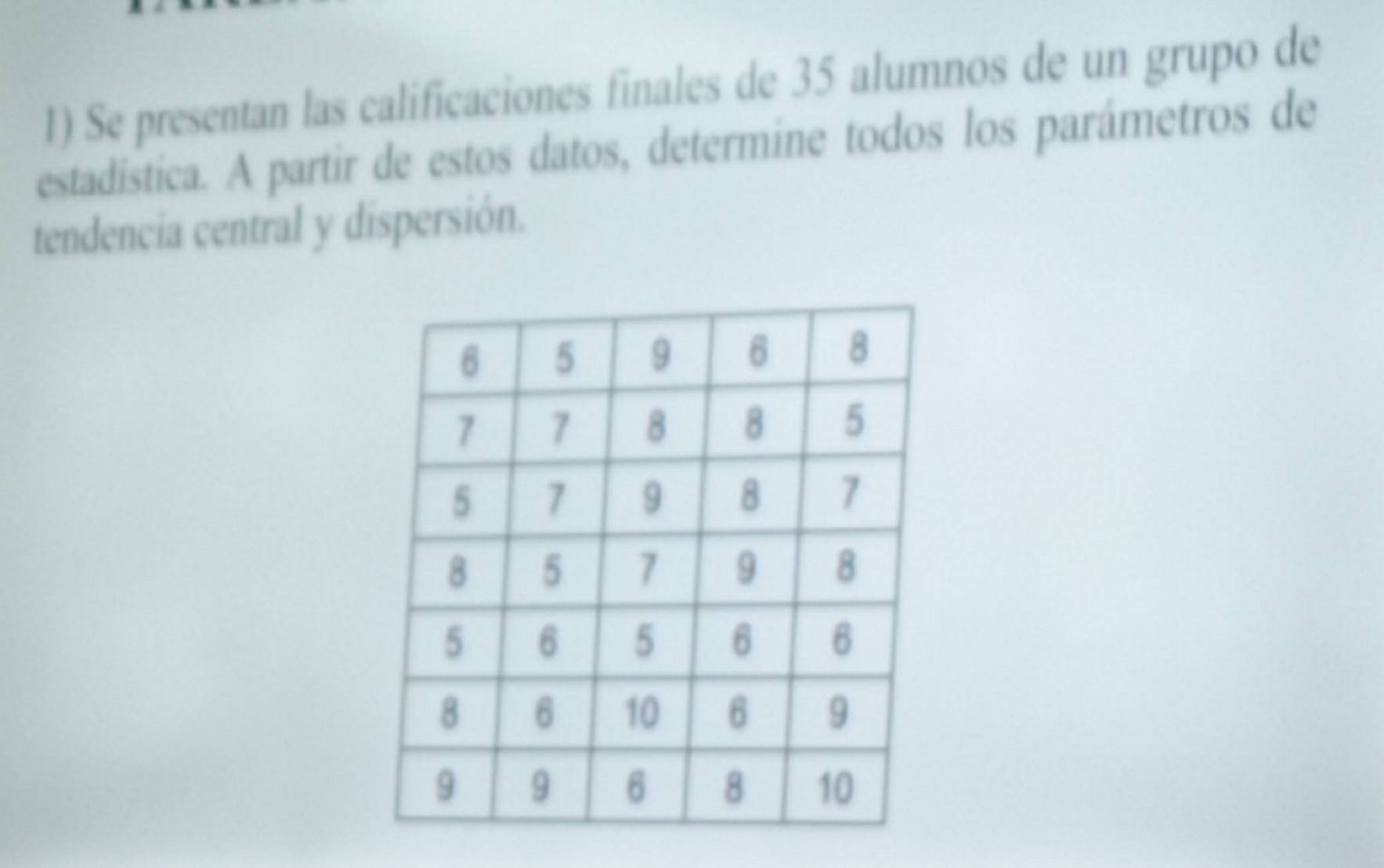 Se presentan las calificaciones finales de 35 alumnos de un grupo de 
estadistica. A partir de estos datos, determine todos los parámetros de 
tendencia central y dispersión.