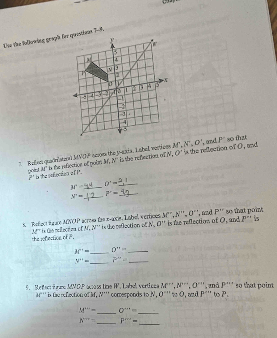 Use the following graph foestions 7-9.
M', N', O' , and P' so that 
7. Reflect quadrilateral MNOP across the y-axis. Label vertices is the reflection of N, O' is the reflection of O, and 
point M ’ is the reflection of point M, N'
P ’ is the reflection of P.
M'= _ O'= _
N'= _ P'= _ 
8. Reflect figure MNOP across the x-axis. Label vertices M'', N'', O'' , and P'' so that point
M '' is the reflection of M, N' ' is the reflection of N, O'' is the reflection of O, and P'' is 
the reflection of P.
M''= _ O''= _
N''= _ P''= _ 
9. Reflect figure MNOP across line W. Label vertices M''', N''', O''' , and P''' so that point
M''' is the reflection of M, N' '' corresponds to N, O''' to O, and P''' to P.
M'''= _ O'''= _
N'''= _ P'''=
_