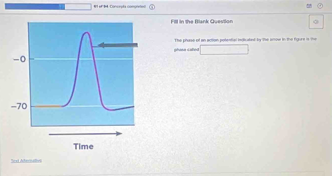 of 94 Concepts completed 
Fill in the Blank Question 4 
The phase of an action potential indicated by the arrow in the figure is the 
phase called 
Text Alternative