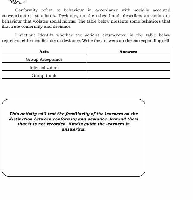 Conformity refers to behaviour in accordance with socially accepted 
conventions or standards. Deviance, on the other hand, describes an action or 
behaviour that violates social norms. The table below presents some behaviors that 
illustrate conformity and deviance. 
Direction: Identify whether the actions enumerated in the table below 
represent either conformity or deviance. Write the answers on the corresponding cell. 
This activity will test the familiarity of the learners on the 
distinction between conformity and deviance. Remind them 
that it is not recorded. Kindly guide the learners in 
answering.