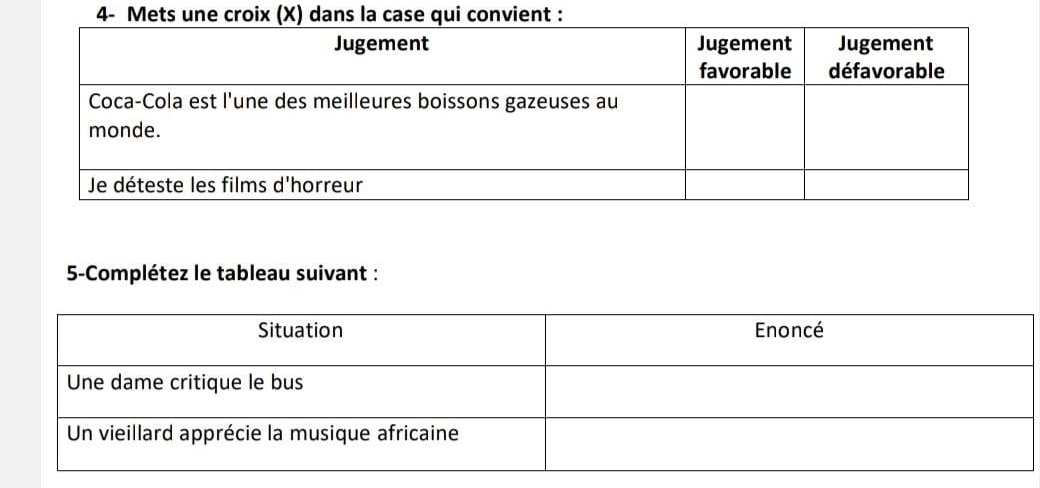 4- Mets ue croix (X) dans la cas qui convient : 
5-Complétez le tableau suivant :