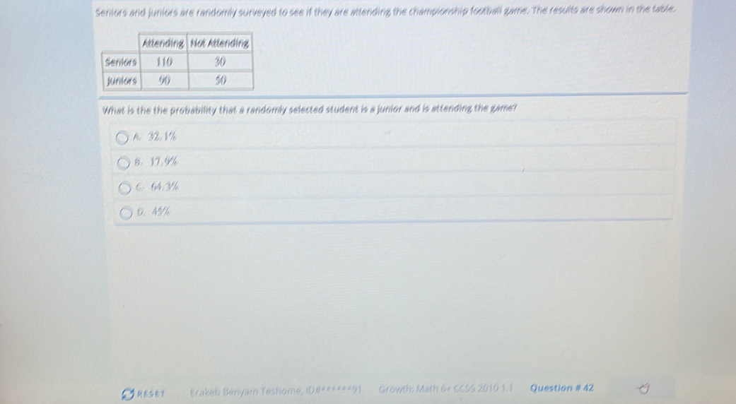 Seniors and juniors are randomly surveyed to see if they are attending the championship football game. The results are shown in the table.
What is the the probability that a randomly selected student is a junior and is attending the game?
m. 32, 1%
B. 17.9%
6 643h
D. 45
RESE Brakeb Benyam Teshome, ID#******91 Growth: Math &+ CCSS 20101.1 Question # 42