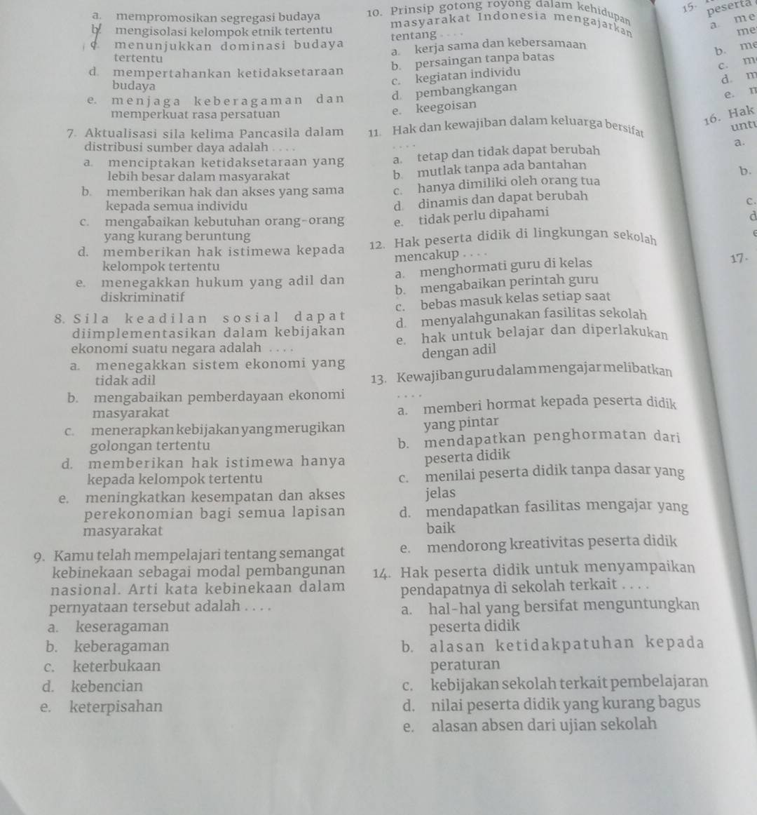 peserta
a mempromosikan segregasi budaya 10. Prinsip gotong royong dalam kehidupan
a me
masyarakat Indonesia mengajarkan
mengisolasi kelompok etnik tertentu me
q menunjukkan dominasi budaya tentang .  
a kerja sama dan kebersamaan
b. me
tertentu
b. persaingan tanpa batas
c. m
d. mempertahankan ketidaksetaraan
budaya
c. kegiatan individu
e. m e n j a g a k e b e r a g a m a n d a n d pembangkangan
e. n
memperkuat rasa persatuan
e. keegoisan d m
16. Hak
7. Aktualisasi sila kelima Pancasila dalam 11. Hak dan kewajiban dalam keluarga bersifat
unti
distribusi sumber daya adalah
a.
a. menciptakan ketidaksetaraan yang a tetap dan tidak dapat berubah
lebih besar dalam masyarakat
b mutlak tanpa ada bantahan
b.
b. memberikan hak dan akses yang sama c. hanya dimiliki oleh orang tua
kepada semua individu
d dinamis dan dapat berubah
C .
c. mengabaikan kebutuhan orang-orang e. tidak perlu dipahami
d
yang kurang beruntung
d. memberikan hak istimewa kepada 12. Hak peserta didik di lingkungan sekolah
(
mencakup . . . .
kelompok tertentu
e. menegakkan hukum yang adil dan a. menghormati guru di kelas
17 .
b. mengabaikan perintah guru
diskriminatif
c. bebas masuk kelas setiap saat
8. S i l a k e a d i l a n s o s i a l d a p a t d. menyalahgunakan fasilitas sekolah
diimplementasikan dalam kebijakan
ekonomi suatu negara adalah .... e. hak untuk belajar dan diperlakukan
dengan adil
a. menegakkan sistem ekonomi yang
tidak adil 13. Kewajiban guru dalam mengajar melibatkan
b. mengabaikan pemberdayaan ekonomi
masyarakat a. memberi hormat kepada peserta didik
c. menerapkan kebijakan yang merugikan
yang pintar
golongan tertentu b. mendapatkan penghormatan dari
d. memberikan hak istimewa hanya
peserta didik
kepada kelompok tertentu c. menilai peserta didik tanpa dasar yang
e. meningkatkan kesempatan dan akses jelas
perekonomian bagi semua lapisan d. mendapatkan fasilitas mengajar yang
masyarakat baik
9. Kamu telah mempelajari tentang semangat e. mendorong kreativitas peserta didik
kebinekaan sebagai modal pembangunan 14. Hak peserta didik untuk menyampaikan
nasional. Arti kata kebinekaan dalam pendapatnya di sekolah terkait . . . .
pernyataan tersebut adalah . . . .
a. hal-hal yang bersifat menguntungkan
a. keseragaman peserta didik
b. keberagaman b. alasan ketidakpatuhan kepada
c. keterbukaan peraturan
d. kebencian c. kebijakan sekolah terkait pembelajaran
e. keterpisahan d. nilai peserta didik yang kurang bagus
e. alasan absen dari ujian sekolah