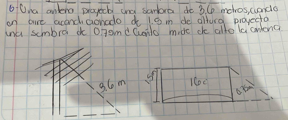 Ona anteno proyect and sombra do 3. 6 mdros, cando 
on aure acandicionado o 1. 5 m de altora projecta 
ina sombra ok Ongmd Cconto miorc chc alfe la contena
3. 6m 57
loc
0. 75m