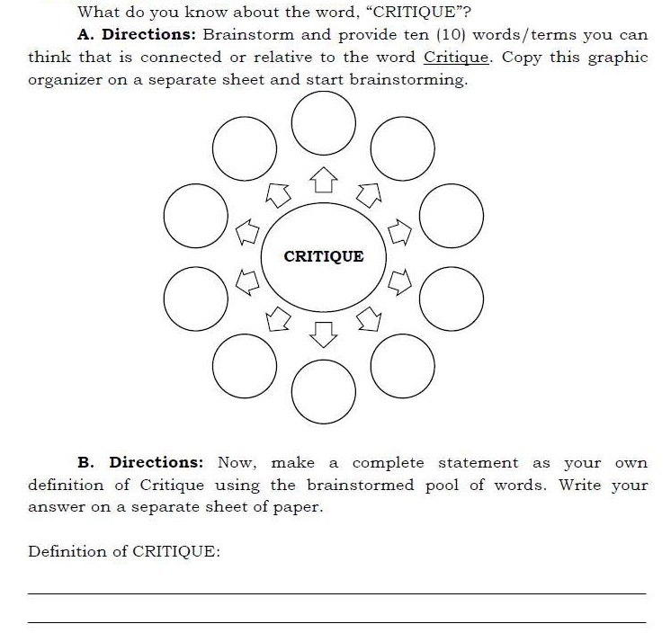 What do you know about the word, “CRITIQUE”? 
A. Directions: Brainstorm and provide ten (10) words/terms you can 
think that is connected or relative to the word Critique. Copy this graphic 
organizer on a separate sheet and start brainstorming. 
B. Directions: Now, make a complete statement as your own 
definition of Critique using the brainstormed pool of words. Write your 
answer on a separate sheet of paper. 
Definition of CRITIQUE: 
_ 
_