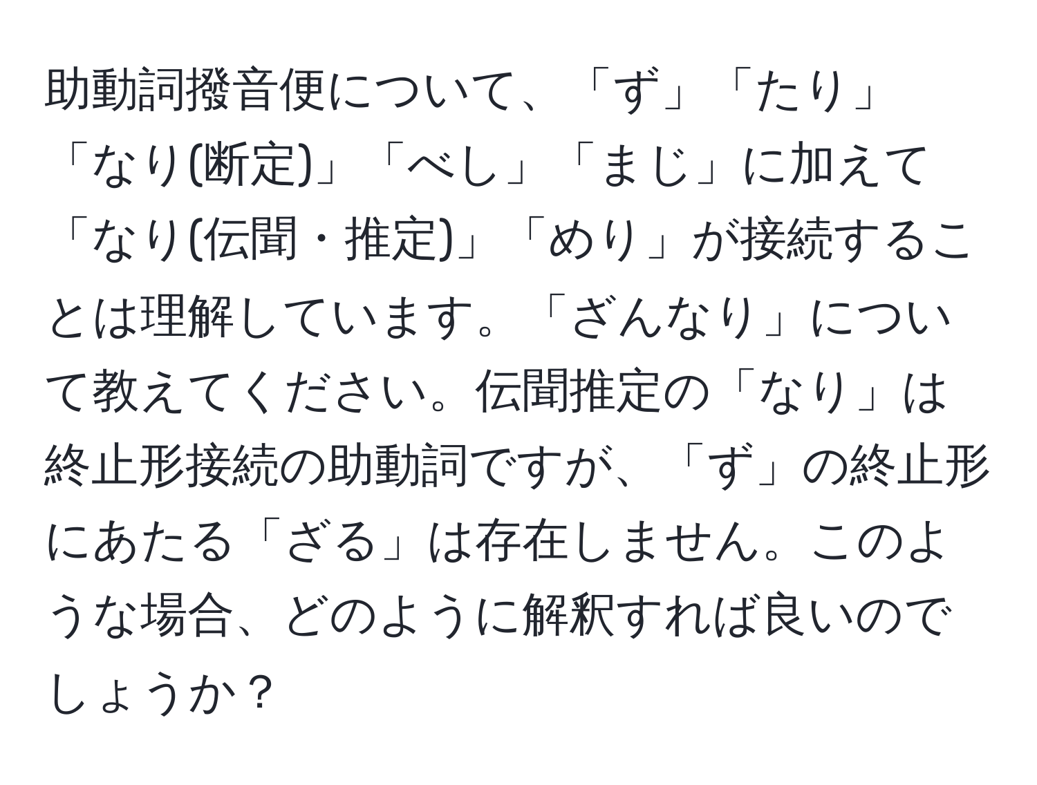 助動詞撥音便について、「ず」「たり」「なり(断定)」「べし」「まじ」に加えて「なり(伝聞・推定)」「めり」が接続することは理解しています。「ざんなり」について教えてください。伝聞推定の「なり」は終止形接続の助動詞ですが、「ず」の終止形にあたる「ざる」は存在しません。このような場合、どのように解釈すれば良いのでしょうか？