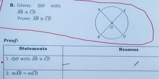 Given odot O with
widehat AB≌ widehat CD
Prove: overline AB≌ overline CD
Proof: 
Statements Reasons 
1 . odot O with widehat AB≌ widehat CD
2. mwidehat AB=mwidehat CD