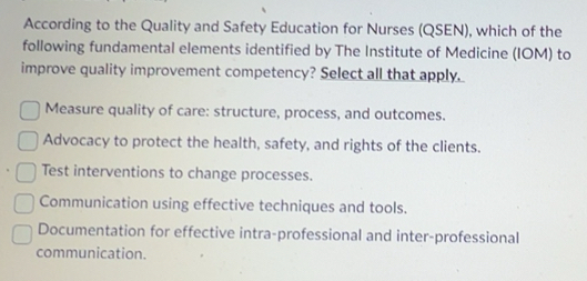 Solved: According to the Quality and Safety Education for Nurses (QSEN ...