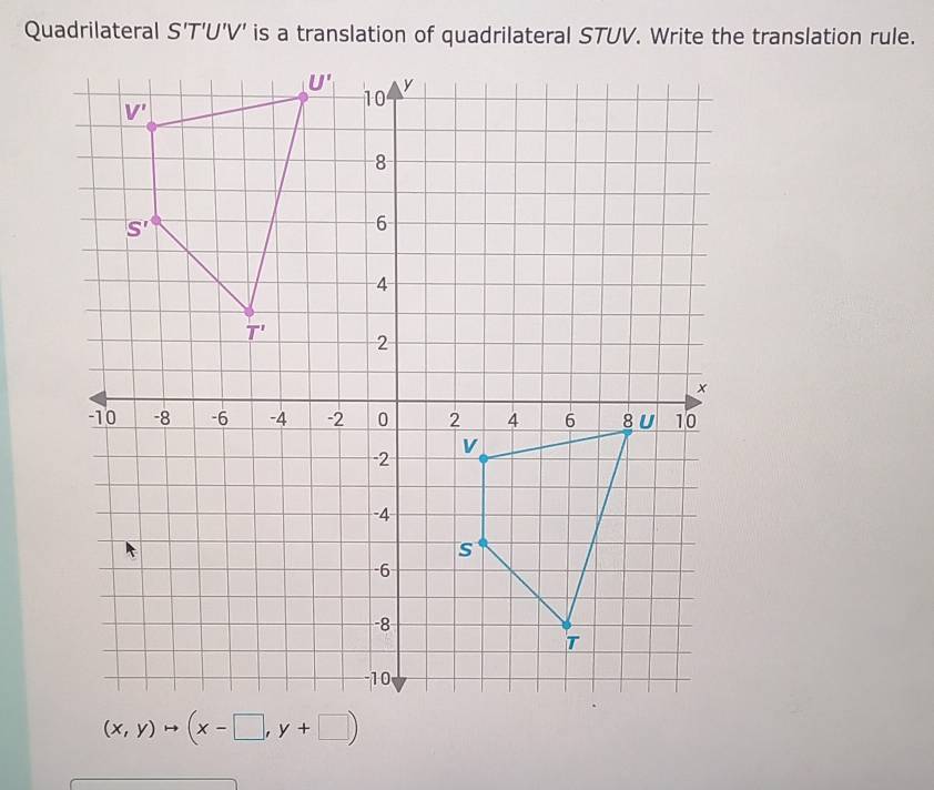 Quadrilateral  T'U'V' is a translation of quadrilateral STUV. Write the translation rule.