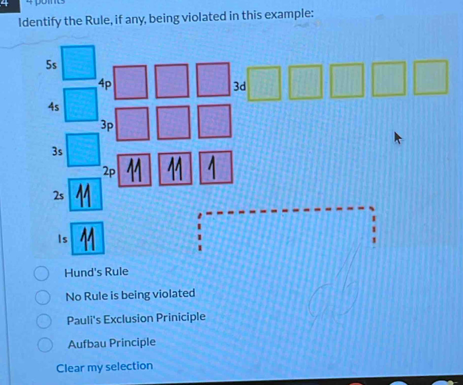 4 4 pomts
Identify the Rule, if any, being violated in this example:
Hund's Rule
No Rule is being violated
Pauli's Exclusion Priniciple
Aufbau Principle
Clear my selection