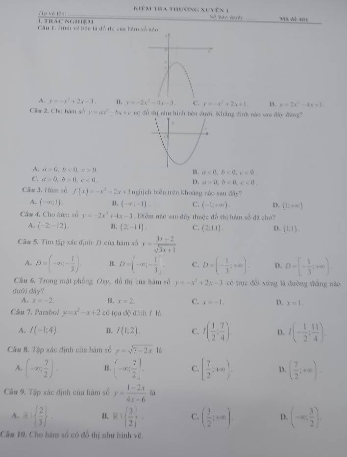 Kiêm tra thường xuyên 1
Họ và tên: Sỗ Bão danh _Mã đé 401
1 trác nghiệm
Câu 1. Hình vệ bên là đồ thị của hàm số nào:
A. y=-x^2+2x-3. B. y=-2x^2-4x-3. C. y=-x^3+2x+1 D. y=2x^2-4x+1.
Cầu 2. Cho hàm số y=ax^2+bx+c có đồ thị như hình bên dưới. Khắng định nào sau đây đùng?
A. a>0,b<0,c>0,
B. a<0,b<0,c<0.
C. a>0,b>0,c<0.
D. a>0,b<0,c<0.
Câu 3, Hàm số f(x)=-x^2+2x+3 nghịch biển trên khoáng nào sau đây?
A. (-∈fty ,1). B. (-∈fty ,-1). C. (-1;+∈fty ). D. (1;+∈fty )
Câu 4. Cho hàm số y=-2x^3+4x-3. Điểm nào sau đây thuộc đồ thị hàm số đã cho?
A. (-2;-12). B. (2;-11). C. (2:11). D. (1;1).
Câu 5. Tìm tập xác định Đ của hàm số y= (3x+2)/sqrt(3x+1) 
A. D=(-∈fty ,- 1/3 ). B. D=(-∈fty ;- 1/3 ]. C. D=(- 1/3 ;+∈fty ). D. D=[- 1/3 ;+∈fty ).
Câu 6. Trong mặt phẳng Oxy, đồ thị của hàm số y=-x^2+2x-3 có trục đổi xứng là đường thàng nào
duới dây?
A. x=-2. B. x=2. C. x=-1. D. x=1.
Câu 7. Parabol y=x^2-x+2 có tọa độ đình / là
A. I(-1;4) B. I(1;2). C. I( 1/2 ; 7/4 ). D. I(- 1/2 ; 11/4 ).
Cầu 8. Tập xác định của hàm số y=sqrt(7-2x)la
A. (-∈fty ; 7/2 ). B. (-∈fty ; 7/2 ]. C. [ 7/2 ;+∈fty ). D. ( 7/2 ;+∈fty ).
Câu 9. Tập xác định của hàm số y= (1-2x)/4x-6  là
A. R|  2/3  . B. Rsqrt(frac 3)2 . C. ( 3/2 ;+∈fty ). D. (-∈fty ; 3/2 ).
Câu 19. Cho hám số có đồ thị như hình vẽ.