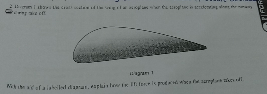 Diagram 1 shows the cross section of the wing of an aeroplane when the aeroplane is accelerating along the runway 
during take off. 
Diagram 1 
With the aid of a labelled diagram, explain how the lift force is produced when the aeroplane takes off.