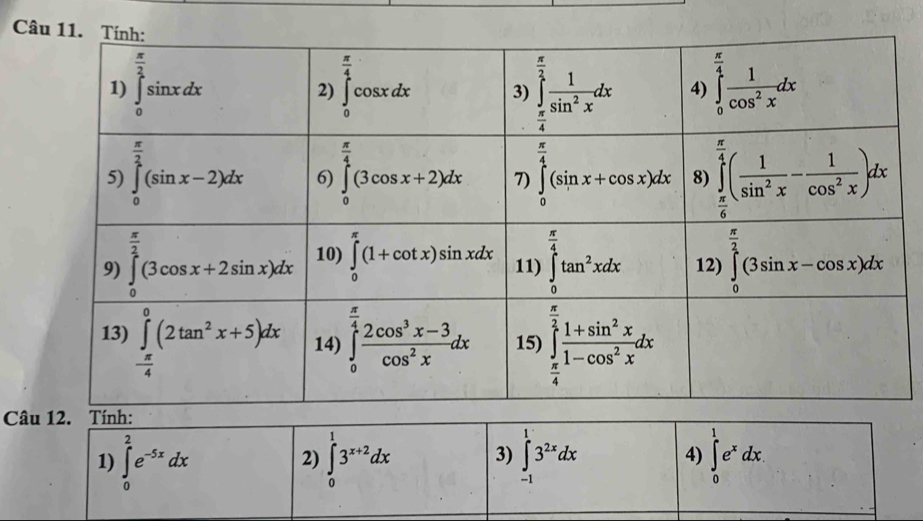 Câ
Câu
1) ∈tlimits _0^(2e^-5x)dx ∈tlimits _0^(13^x+2)dx 3) ∈tlimits _(-1)^13^(2x)dx ∈tlimits _0^(1e^x)dx.
2)
4)