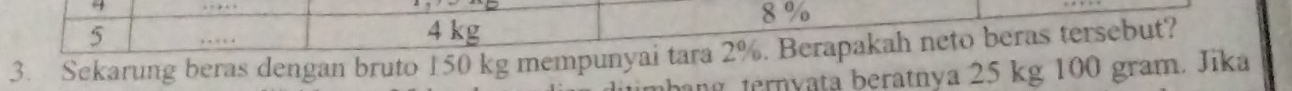 8 %
5 . 
3. Sekarung beras dengan bruto 150 kg mempunyai tara 2%. Berapakah neto beras tersebut? 
ang ternyata beratnya 25 kg 100 gram. Jika