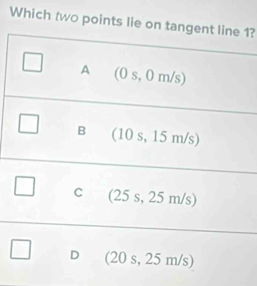 Which two points lie on tangent line 1?
□ A (0 s, 0 m/s)
□ B (10 s, 15 m/s)
□ C (25 s, 25 m/s)
□ D (20 s, 25 m/s)