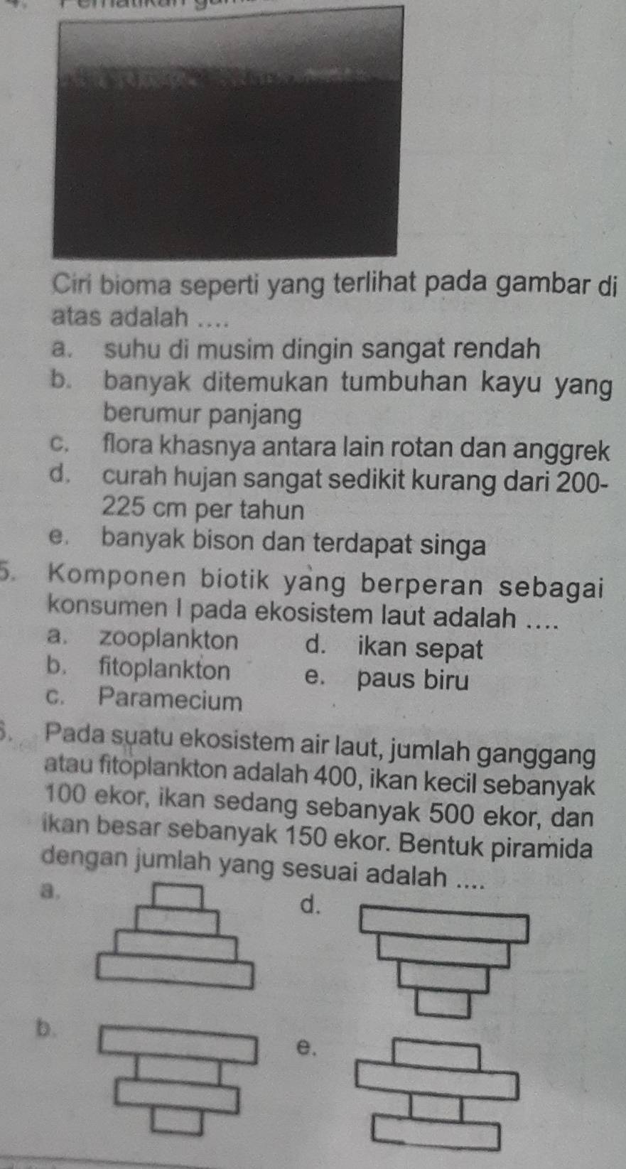 Ciri bioma seperti yang terlihat pada gambar di
atas adalah ....
a. suhu di musim dingin sangat rendah
b. banyak ditemukan tumbuhan kayu yang
berumur panjang
c. flora khasnya antara lain rotan dan anggrek
d. curah hujan sangat sedikit kurang dari 200 -
225 cm per tahun
e. banyak bison dan terdapat singa
5. Komponen biotik yang berperan sebagai
konsumen I pada ekosistem laut adalah ....
a. zooplankton d. ikan sepat
b. fitoplankton e. paus biru
c. Paramecium
S. Pada suatu ekosistem air laut, jumlah ganggang
atau fitoplankton adalah 400, ikan kecil sebanyak
100 ekor, ikan sedang sebanyak 500 ekor, dan
ikan besar sebanyak 150 ekor. Bentuk piramida
dengan jumlah yang sesuai adalah ....
a.
d.
b.
e.