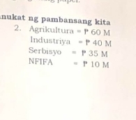 nukat ng pambansang kita 
2. Agrikultura =P60M
Industriya =P40M
Serbisyo =P35M
NFIFA =P10M