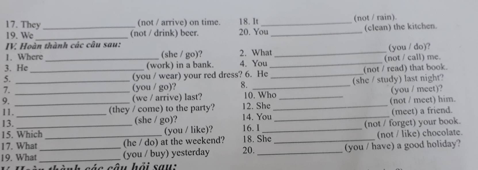 They _(not / arrive) on time. 18. It_ (not / rain). 
19. We _(not / drink) beer. 20. You _(clean) the kitchen. 
IV. Hoàn thành các câu sau: 
(you / do)? 
1. Where_ (she / go)? 2. What_ 
(not / call) me. 
3. He _(work) in a bank. 4. You_ 
5. 
(you / wear) your red dress? 6. He _(not / read) that book. 
7. __(you / go)? _(she / study) last night? 
8. 
9. 
(we / arrive) last? 10. Who _(you / meet)? 
11._ (they / come) to the party? 12. She _(not / meet) him. 
13. _(she / go)? 14. You _(meet) a friend. 
15. Which (you / like)? 16.I _(not / forget) your book. 
17. What _(he / do) at the weekend? 18. She _(not / like) chocolate. 
20. 
19. What __(you / buy) yesterday _(you / have) a good holiday? 
thành các câu hỏi sau: