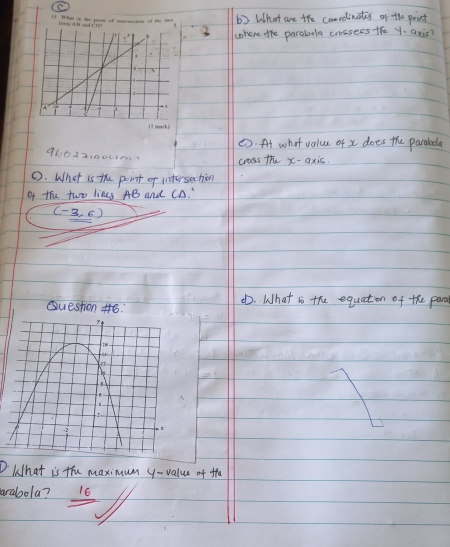 What are the correlinctis of the pout 
2 where the paraarla crossees the y. axis? 
rk) 
C. At what volue of x does the paraloda 
96022. 00L1N cross th x-axis. 
0. What is the point of intersection 
of the two lines AB and CA."
(-3,6)
Question 46. d. What is the equaton of the pard 
D What is the maximum y - value of fha 
araboola? 16