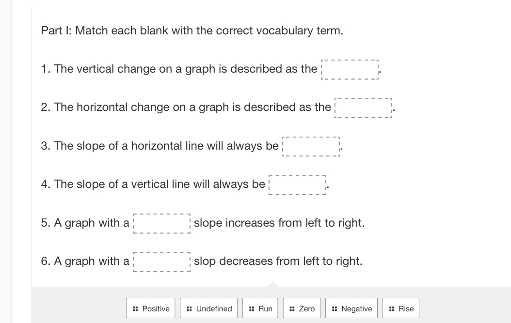 Match each blank with the correct vocabulary term. 
1. The vertical change on a graph is described as the □°
2. The horizontal change on a graph is described as the □°
3. The slope of a horizontal line will always be □°
4. The slope of a vertical line will always be □°
5. A graph with a □ slope increases from left to right. 
6. A graph with a □ slop decreases from left to right. 
Positive :: Undefined Run Zero Negative :: Rise